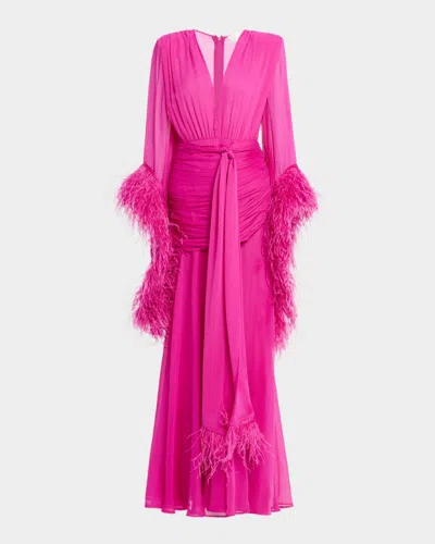 Bronx And Banco Geisha Feather-trim Chiffon Gown In Pink