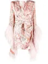 Bronx And Banco Geisha Paisley-print Feather-detail Minidress In Pink
