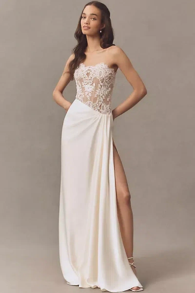 Bronx And Banco Gina Strapless Lace Satin Wrap Wedding Gown In White