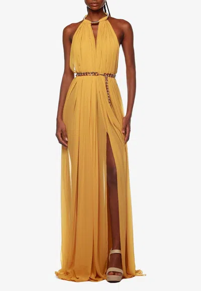 Bronx And Banco Japera Halterneck Chiffon Gown In Mustard