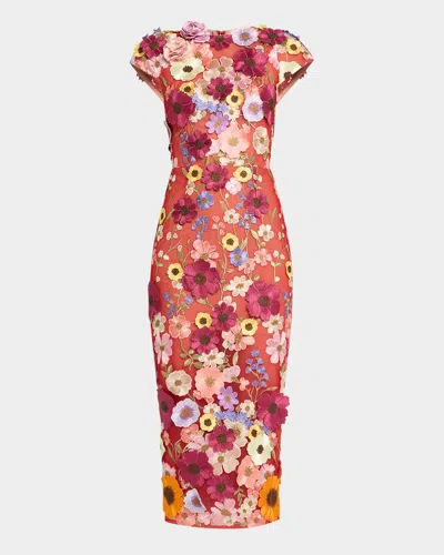 Bronx And Banco Jasmine Floral Applique Midi Sheath Dress In Red Multi