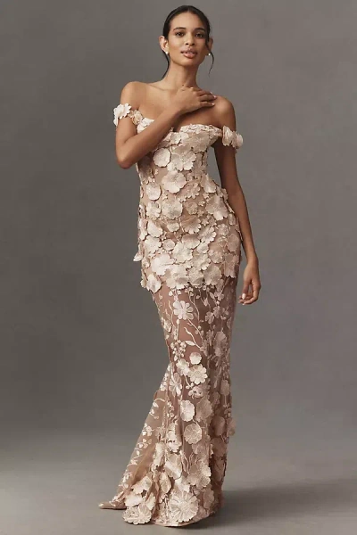 Bronx And Banco Jasmine Strapless 3d Floral Gown In Brown