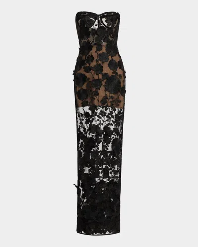 Bronx And Banco Jasmine Strapless Floral Applique Gown In Black/nude