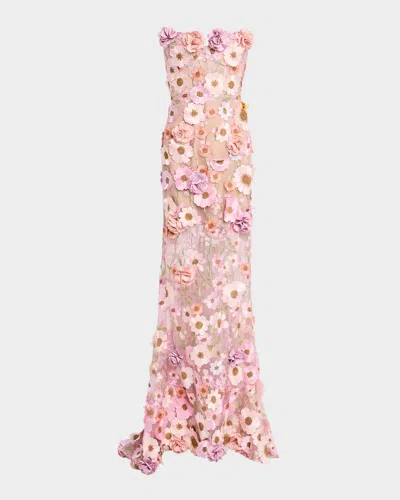 Bronx And Banco Jasmine Strapless Floral-embroidered Gown In Pastel Pink Multi