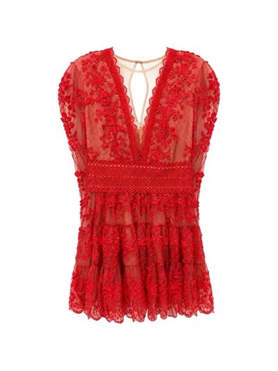 Bronx And Banco Lace-embroidered Ruffled Mini Dress In Red