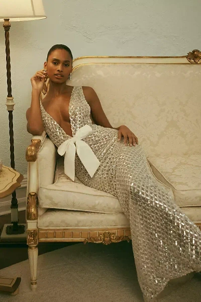 Bronx And Banco Liora V-neck Sheer Beaded Tulle Maxi Dress In White