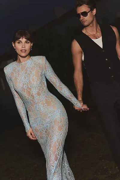 Bronx And Banco Long-sleeve Fitted Lace Gown In Blue