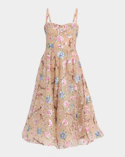 Bronx And Banco Mademoiselle Beaded Embroidered Midi Dress In Gold Multi