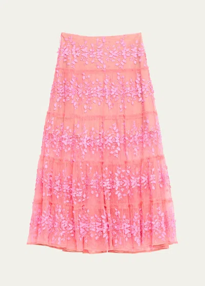 Bronx And Banco Megan Tiered Floral Applique Lace Midi Skirt In Hot Pink