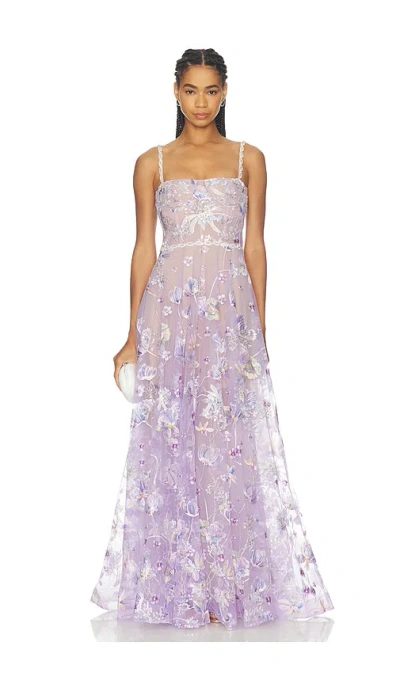 Bronx And Banco Midnight Embroidered Floral Gown In Purple
