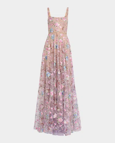 Bronx And Banco Midnight Floral-embroidered Bead & Sequin Gown In Lilac Multi