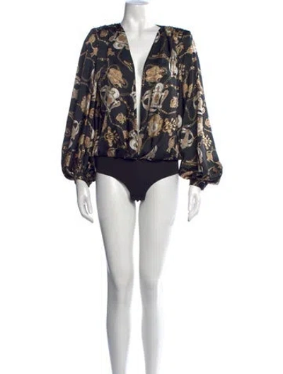 Pre-owned Bronx And Banco Printed V-neck Bodysuit In Blue