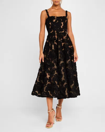 Bronx And Banco Sabrina A-line Floral Applique Midi Dress In Black