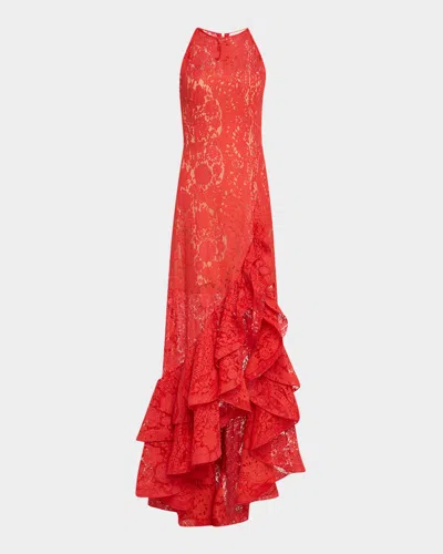 Bronx And Banco Sicilia High-low Ruffle Lace Gown In Red