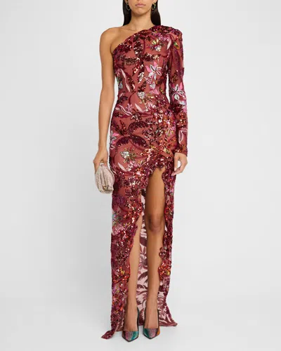 Bronx And Banco Tokyo One-shoulder Sequin Embroidered Gown In Redmulti