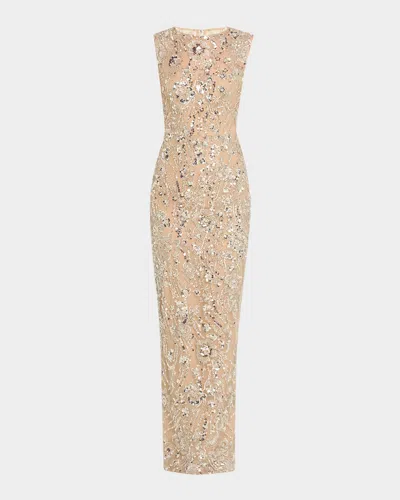 Bronx And Banco Violet Bead & Sequin Floral-embroidered Gown