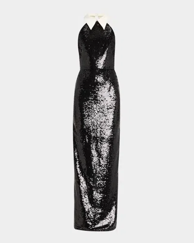 Bronx And Banco Wednesday Collared Sequin Column Gown In Black