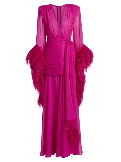 Bronx And Banco Geisha Feather-trim Chiffon Gown In Pink