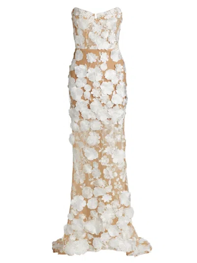 Bronx And Banco Jasmine Blanc Floral Embellished Strapless Gown In White