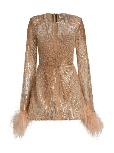 Bronx And Banco Women's Tokyo Feather-cuff Sequined Minidress In Gold