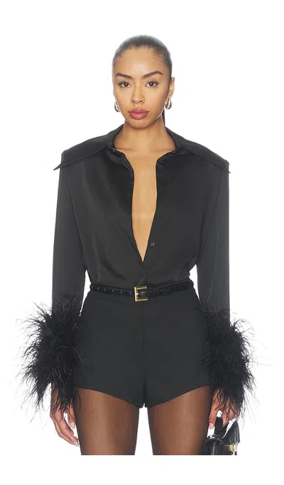 Bronx Banco Button Down Blouse With Feather Cuffs In Black
