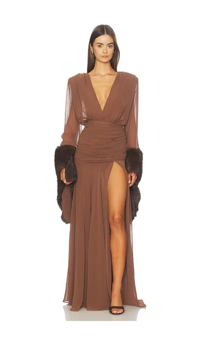 Bronx Banco Chiffon & Faux Fur Long Sleeve V-neck Gown In Brown