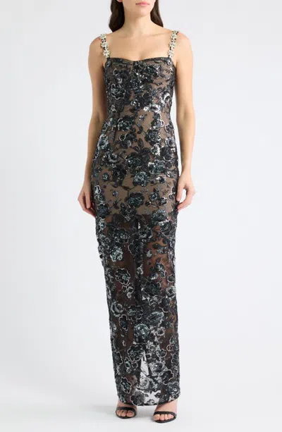 Bronx Banco Dahlia Sequin & Crystal Floral Sheath Gown In Multi