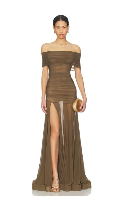 Bronx Banco Dakar Off Shoulder Sheer Maxi Dress In Khaki