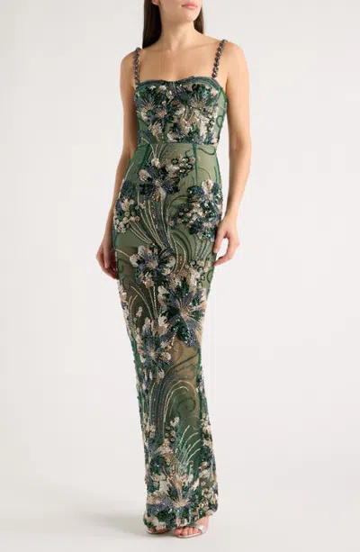 Bronx Banco Embellished Column Gown In Green