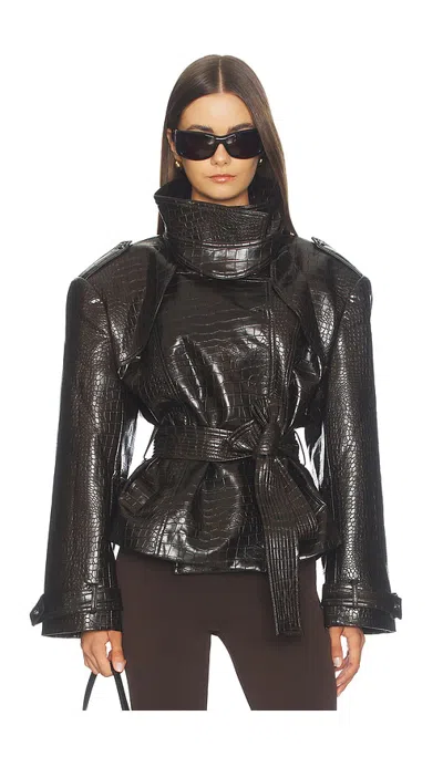 Bronx Banco Faux Leather Croc Embossed Belted Jacket In Black