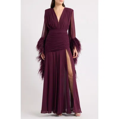 Bronx Banco Feather Detail Long Sleeve Ruched Gown In Purple
