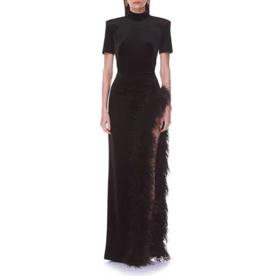 Bronx Banco Feather Trim Velvet Maxi Dress In Black