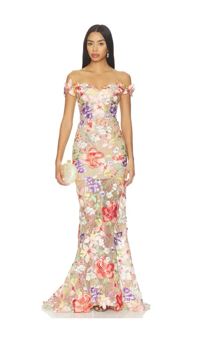 Bronx Banco Flora 3d Off The Shoulder Gown In Multi