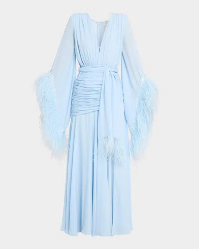 Bronx Banco Geisha Feather-trim Deep V-neck Gown In Blue