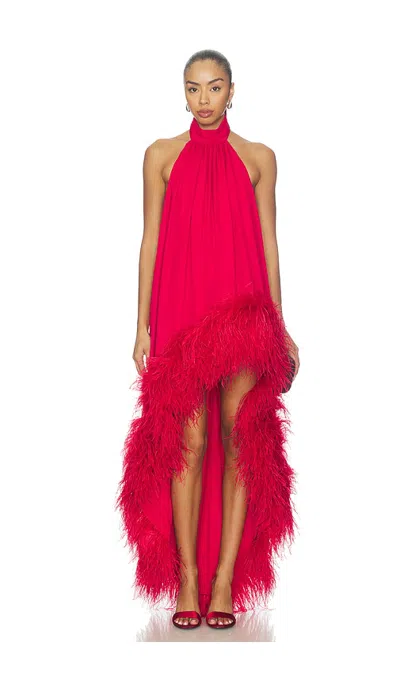 Bronx Banco Halter Neck Feather Gown In Red