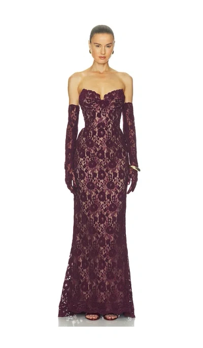 Bronx Banco Lace Strapless Gown With Gloves In Purple