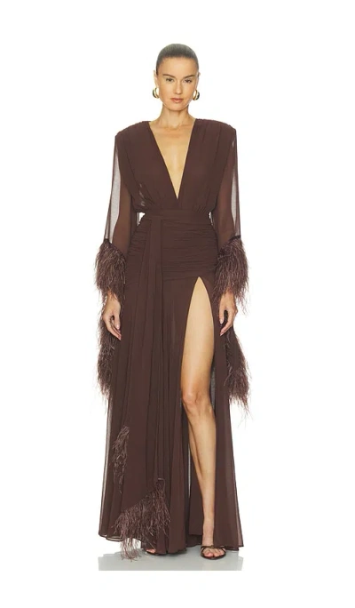 Bronx Banco Long Sleeve Deep-v Feather Gown In Brown