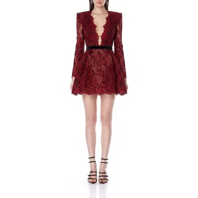 Bronx Banco Long Sleeve Lace Minidress In Burgundy