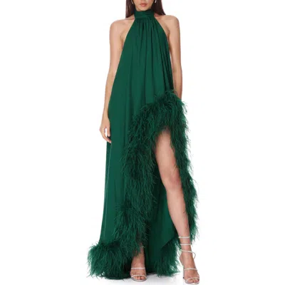 Bronx Banco Madeline Feather Detail High-low Gown In Emerald