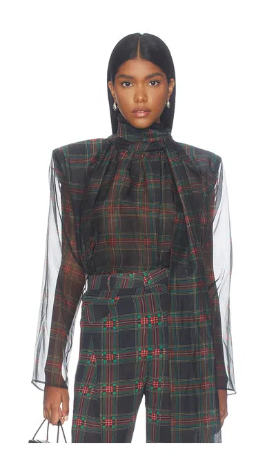 Bronx Banco Plaid Long Sleeve Organza Blouse With Tie In Multi