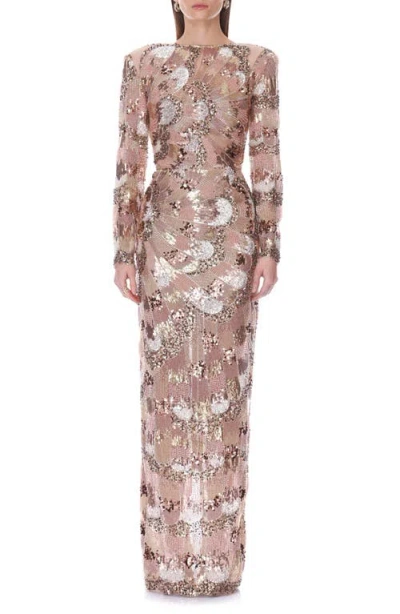Bronx Banco Sequin & Beaded Long Sleeve Gown In Metallic