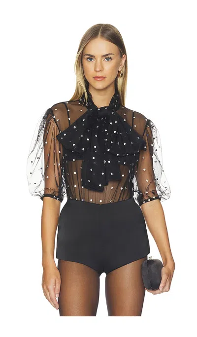 Bronx Banco Sheer Short Sleeve Bodysuit With Diamond Bow In Black