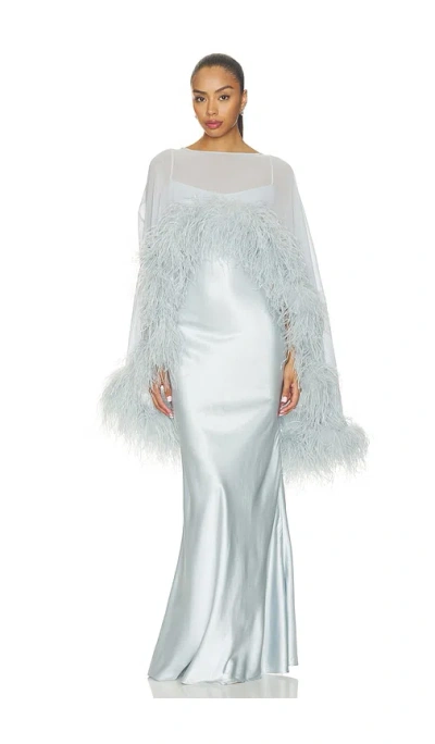 Bronx Banco Silky Maxi Dress And Chiffon Cape With Feather Trim In Blue