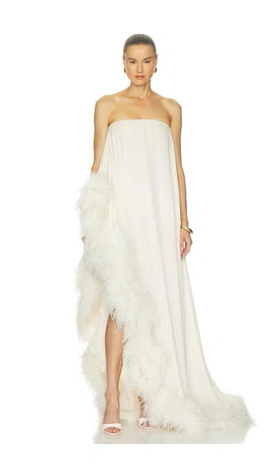 Bronx Banco Strapless Chiffon Gown With Feather Trim In White