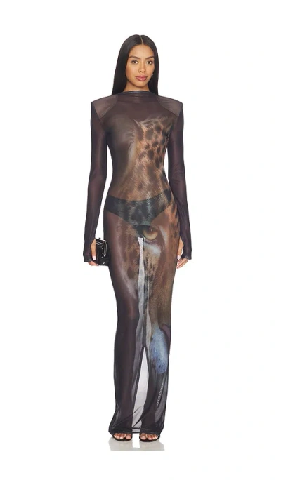Bronx Banco Tiger Long Sleeve Sheer Mesh Maxi Dress In Multi
