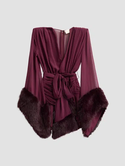 Bronx Banco Women's Chiffon & Faux Fur Long Sleeve Mini Dress In Burgundy