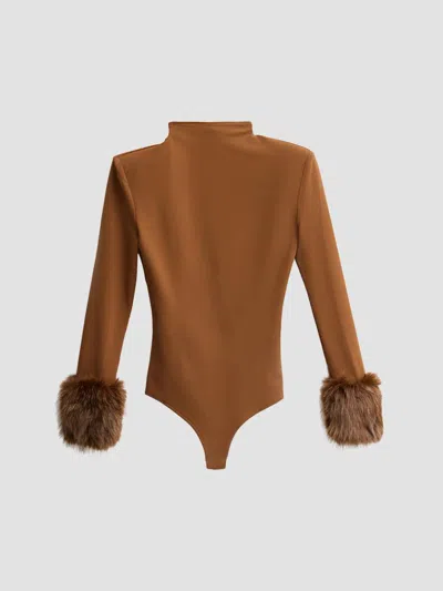 Bronx Banco Women's Faux Fur-cuff Long-sleeve Bodysuit In Brown