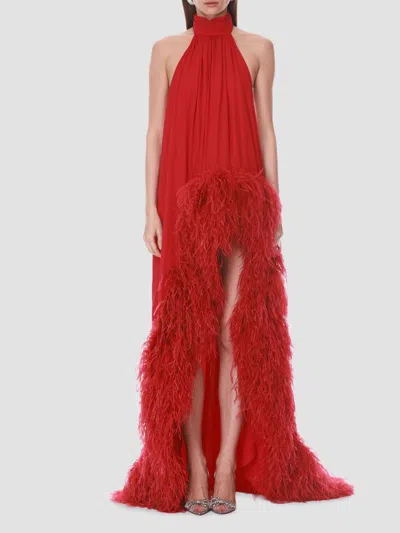 Bronx Banco Women's Halter Neck Feather-hem Chiffon Gown In Red