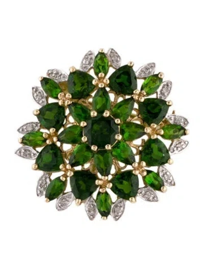Pre-owned Brooch 10k 5.90ctw Diopside & Diamond Pin , 1.25" In Multi