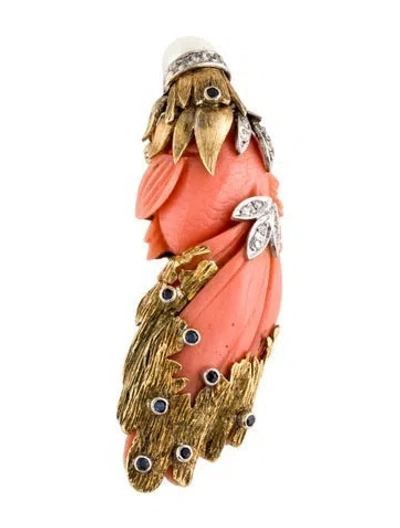Pre-owned Brooch 10k Coral, Pearl, Sapphire & Diamond Fish Pin  In Multi